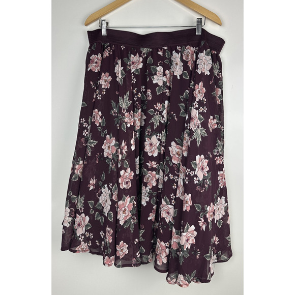 Torrid Floral Midi Chiffon Tulle Lined Skirt Burgundy Pull On Plus Size 2 2X - Picture 7 of 11